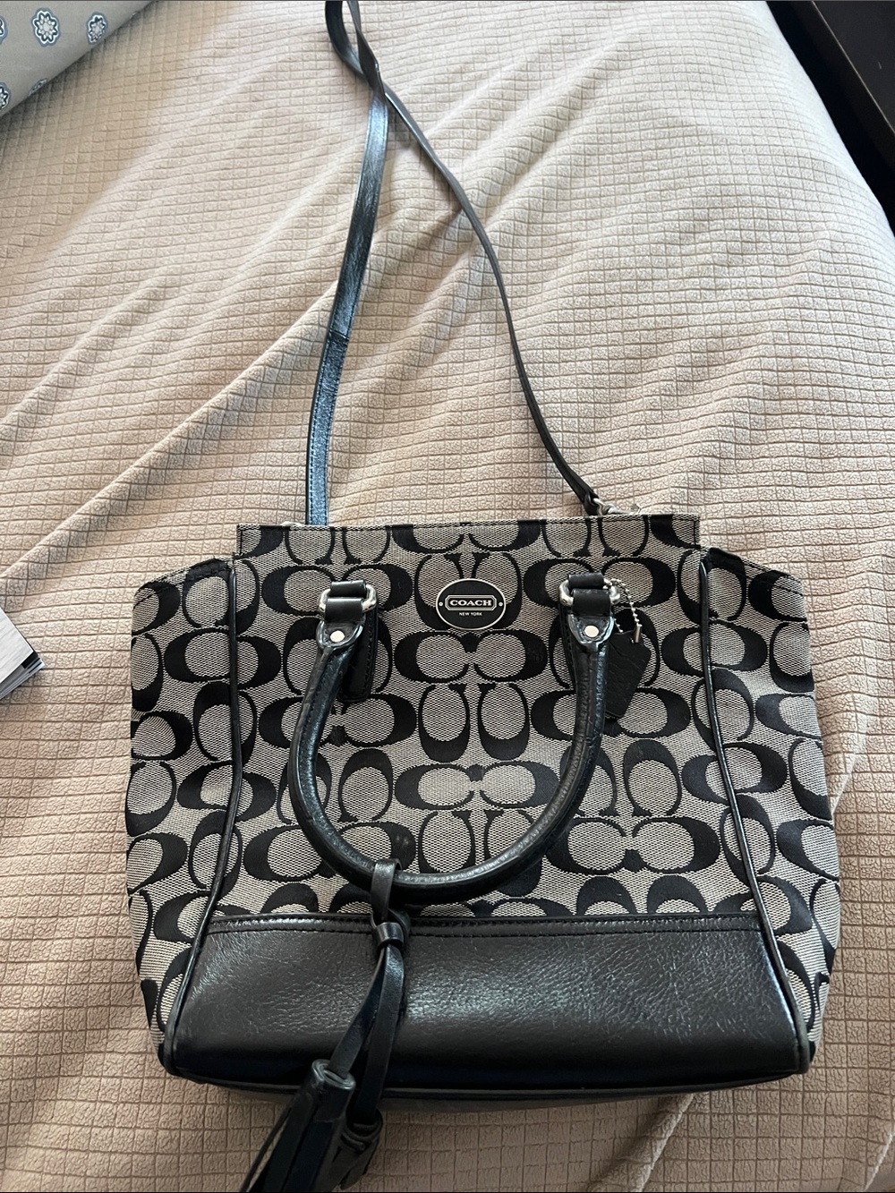 Coach Black and Gray Signature Tote with Leather Trim zipper closure